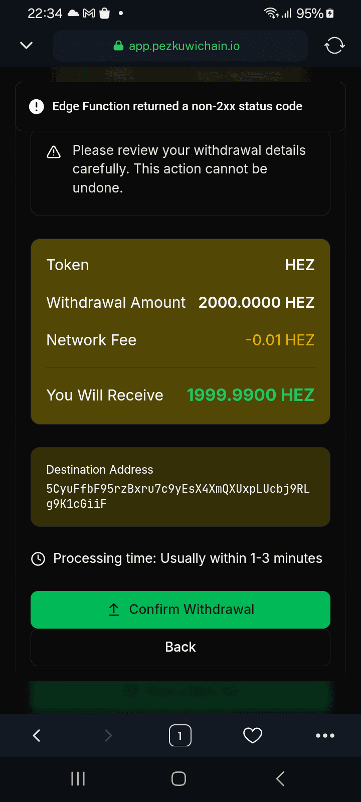 Pezkuwi Wallet — HEZ Withdrawal screen